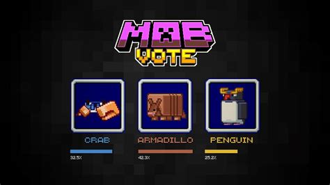 The Armadillo has been announced as the winner of the Minecraft 2023 Mob Vote, with 42.4% of the vote, and will be added in the 1.21 update. The Armadillo is a peaceful mob that players will find ...